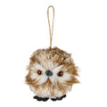 Front view of a rounded cream-and-brown owl hanging decoration with amber-rimmed dark eyes, black beak and feet, and a long loop above its head.