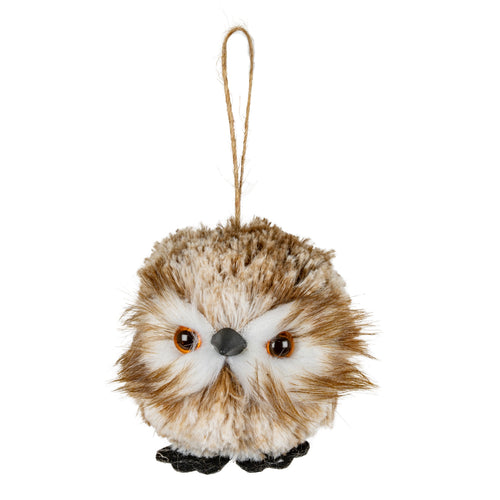 Front view of a rounded cream-and-brown owl hanging decoration with amber-rimmed dark eyes, black beak and feet, and a long loop above its head.