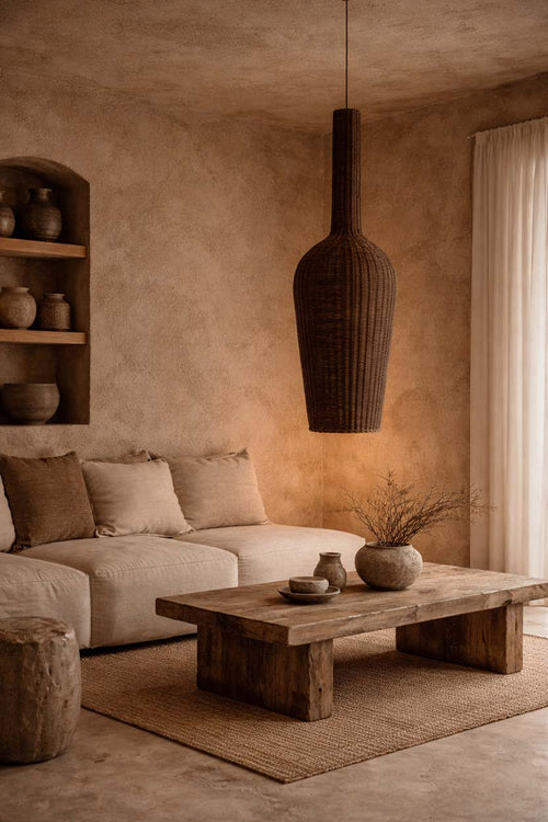 Amphora Rattan Pendant Light – Dark Walnut, Extra Extra Large – styled above a lounge