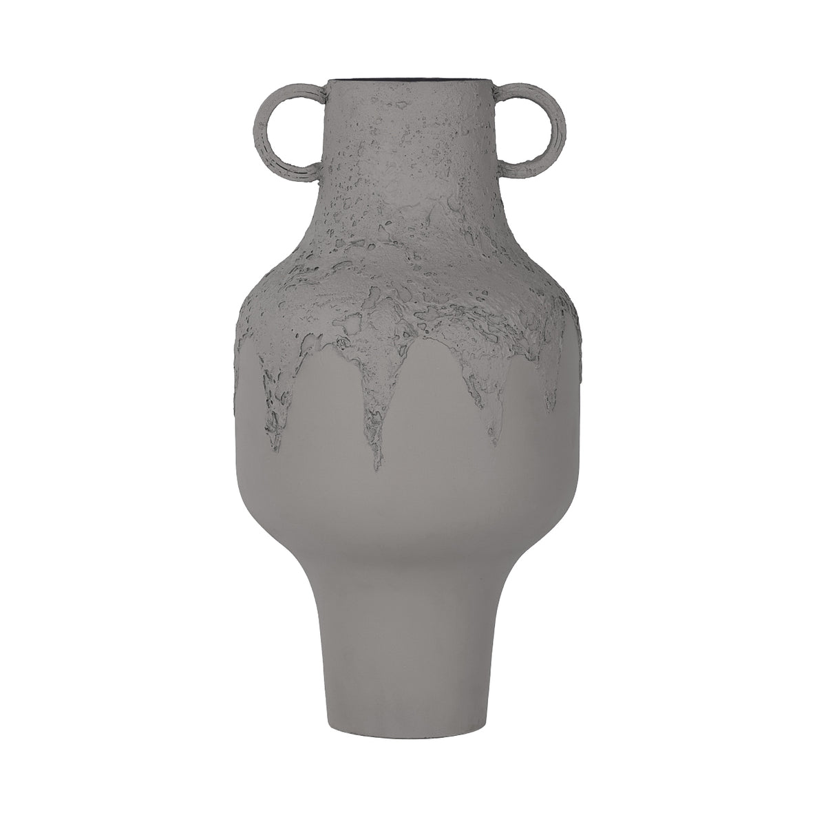 Front view of the tall amphora vase with twin loop handles, textured shoulders and a smooth lower body tapering to a narrow foot.