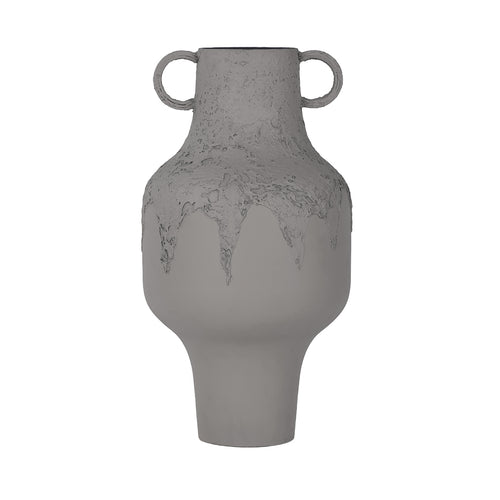 Front view of the tall amphora vase with twin loop handles, textured shoulders and a smooth lower body tapering to a narrow foot.