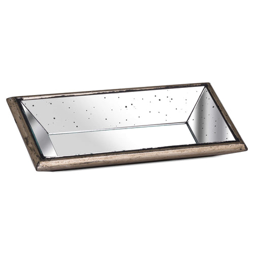 Angled Reflect Tray shown from above at an angle, with a rectangular reflective base, speckled sloping sides and a distressed brown frame.