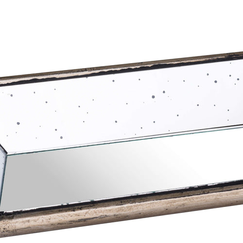 Close-up of the tray's speckled mirrored inner side meeting the reflective base, with the worn-looking brown rim along the edges.