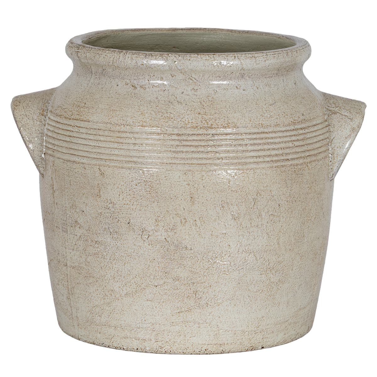 Front view of the pale cream planter with angular handles on both sides and warm-beige mottling across its rounded body.