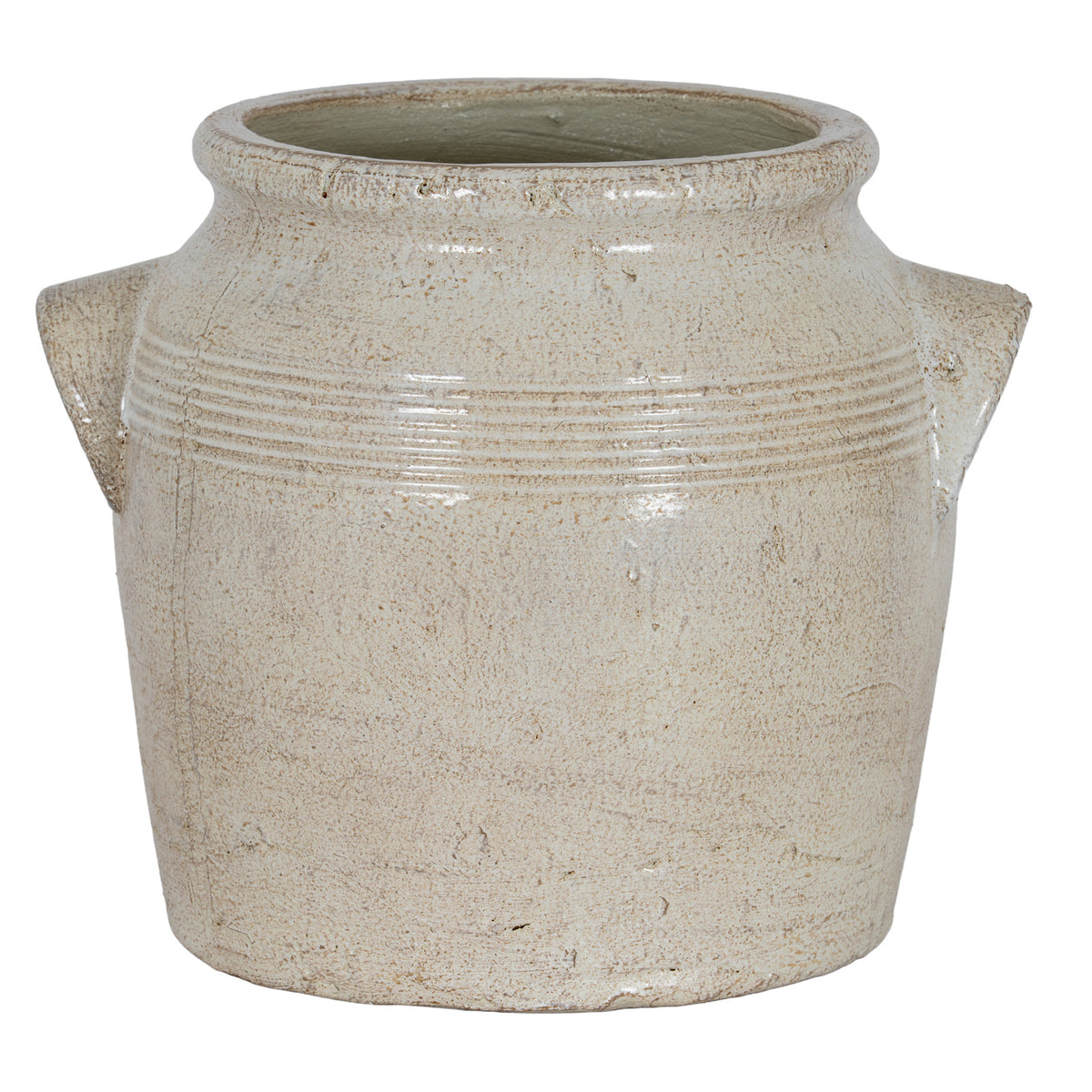 Front view of the rounded cream planter with handles extending to either side and warm-beige mottling across the body.