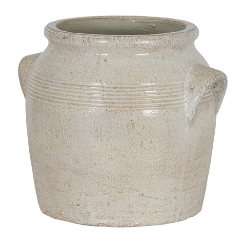Pale cream planter viewed at a slight angle, showing its broad open mouth, banded shoulder and angular side handles.