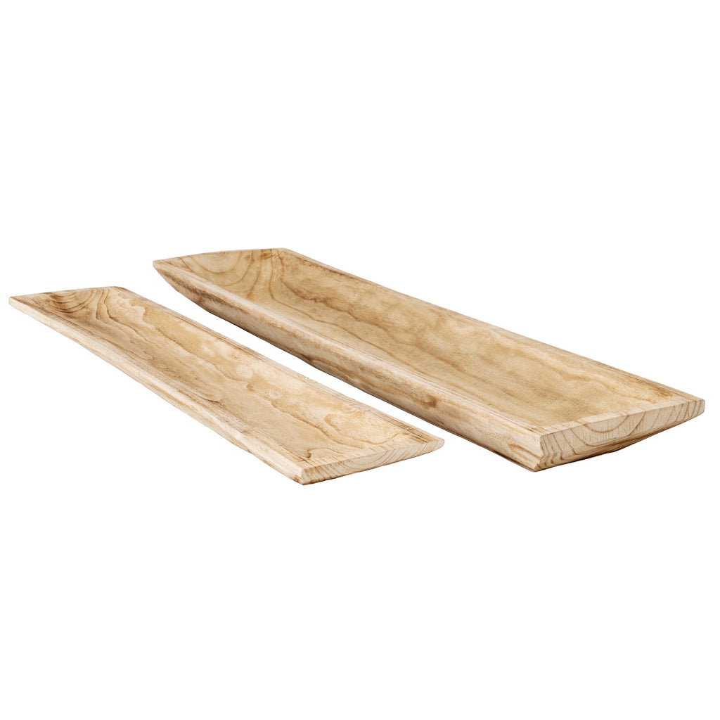 Angled overhead view of two rectangular trays side by side, showing their different sizes, sloping sides and angular ends.