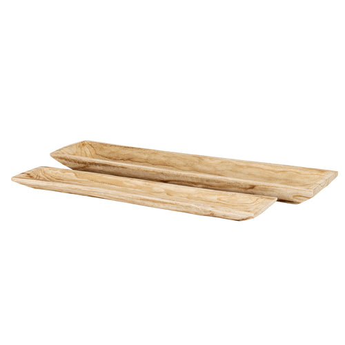 Two long pale golden-brown trays shown separately, with the smaller in front of the larger and flowing grain along their recessed interiors.