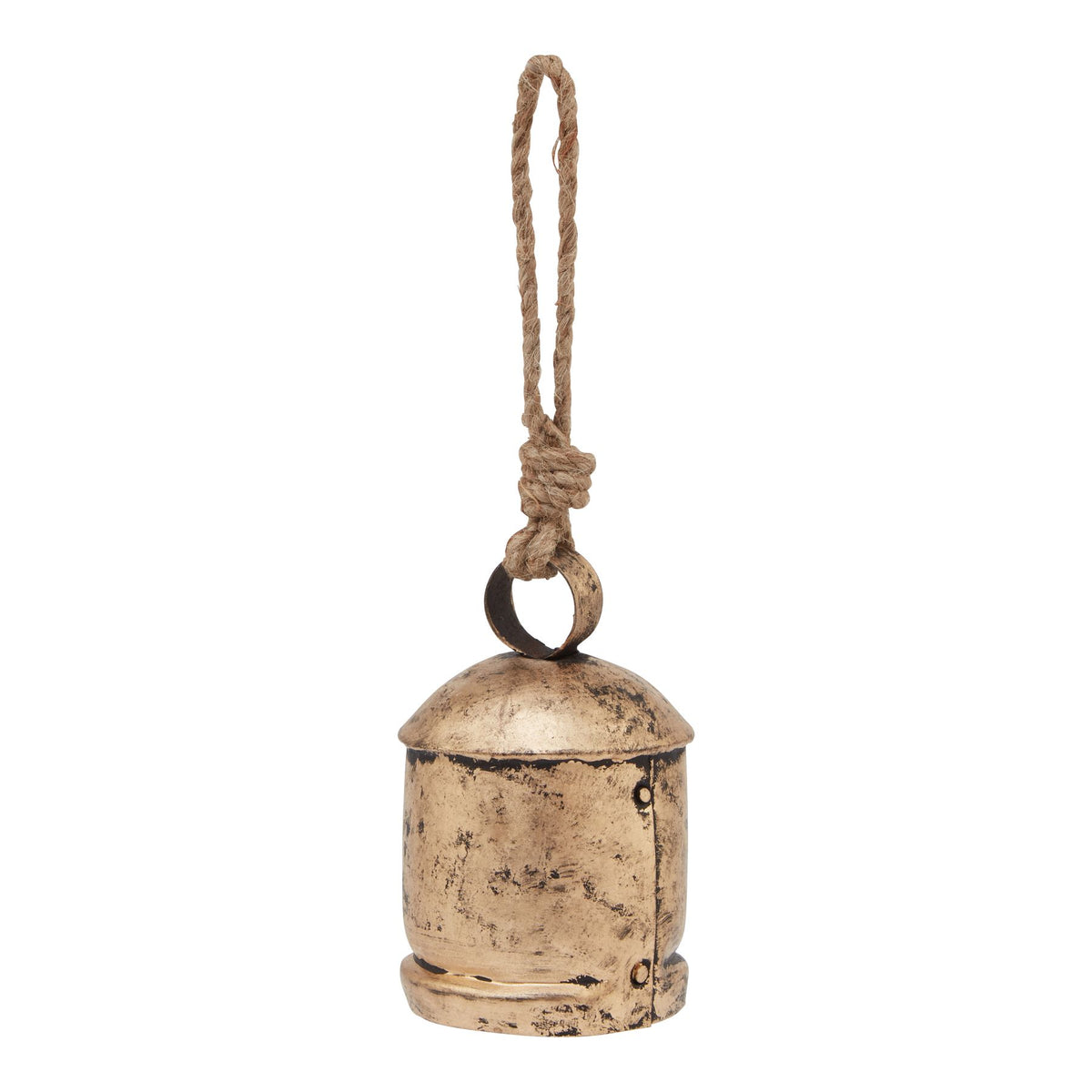 Antique-gold bell-shaped ornament with dark mottling, a domed top, flared lower rim and long knotted tan hanging loop against a white background.
