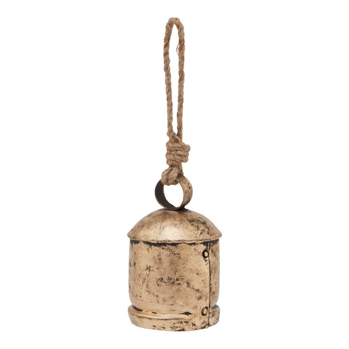 Antique-gold bell-shaped ornament with dark mottling, a domed top, flared lower rim and long knotted tan hanging loop against a white background.