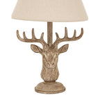 Close-up of the lamp's textured stag face, branching antlers and mottled brown pedestal beneath the lower edge of the woven-looking shade.