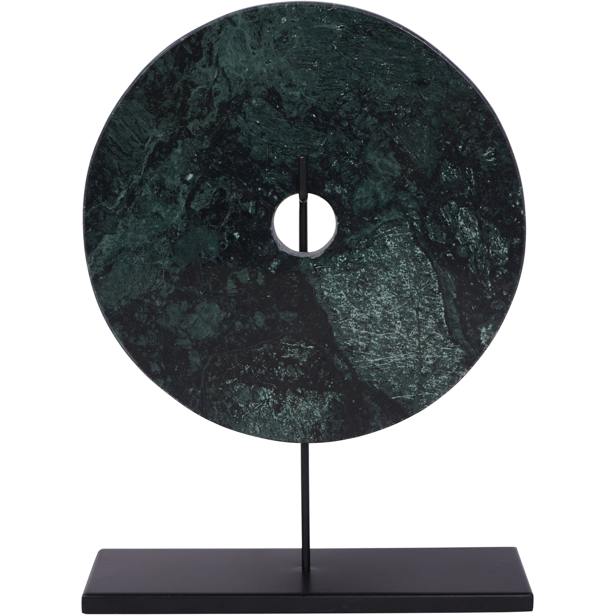 Front view of the green and black marble disc with a central opening, slender black stem and rectangular plinth.