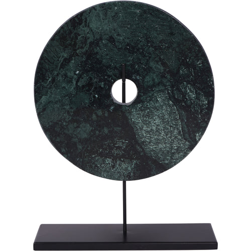 Front view of the green and black marble disc with a central opening, slender black stem and rectangular plinth.