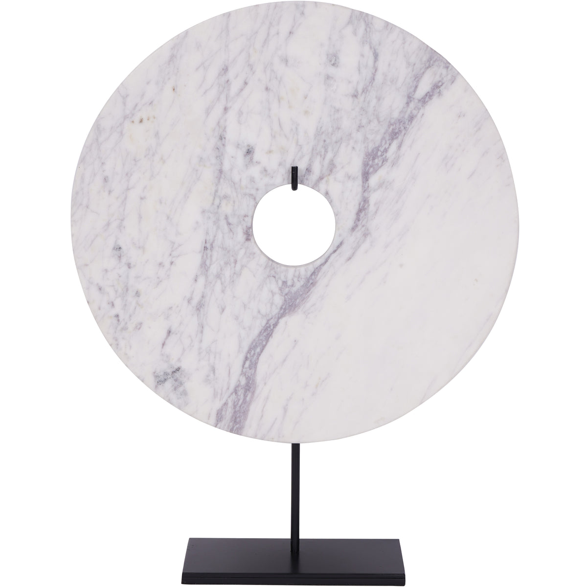 Front view of the white marble disc with grey veining, a round opening and a slender black stand on a rectangular base.