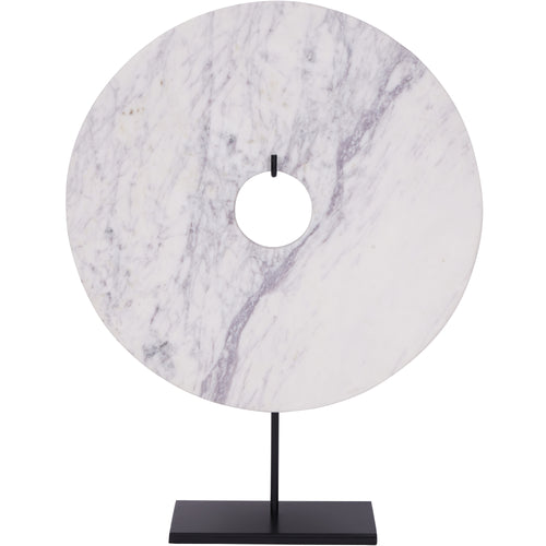 Front view of the white marble disc with grey veining, a round opening and a slender black stand on a rectangular base.