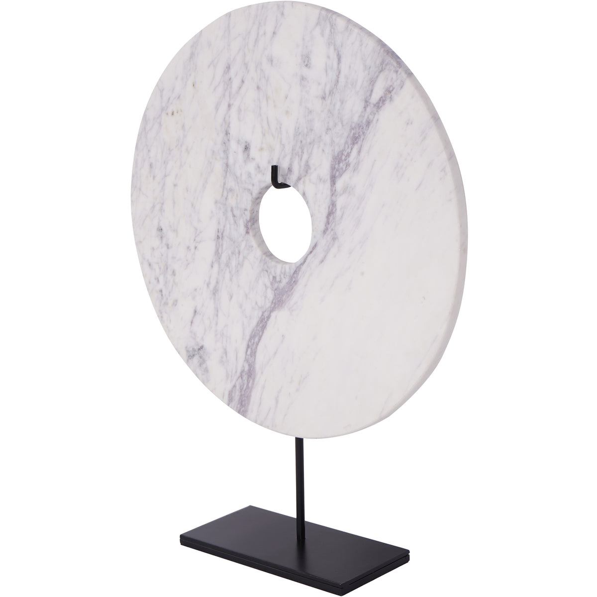 Angled view showing the marble disc's thickness, circular opening and black iron stand with rectangular plinth.