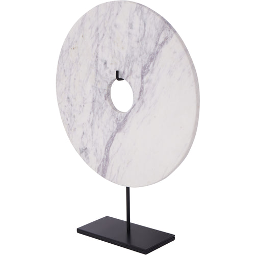 Angled view showing the marble disc's thickness, circular opening and black iron stand with rectangular plinth.