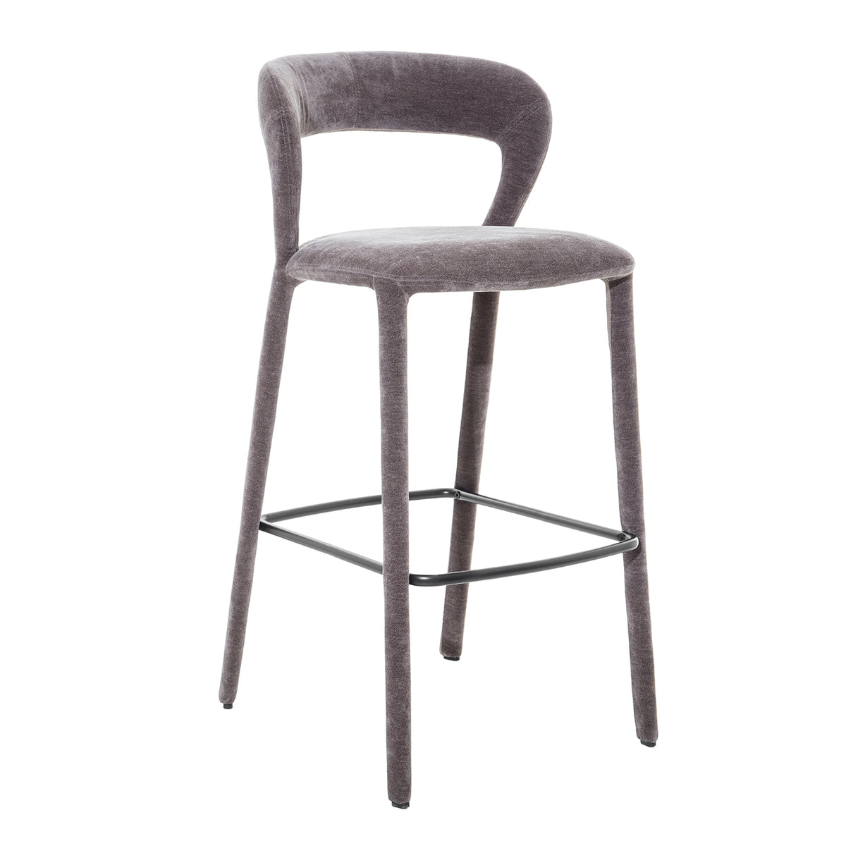 Opposite front angle of the grey bar stool, showing the rounded padded seat and slender fabric-covered legs.