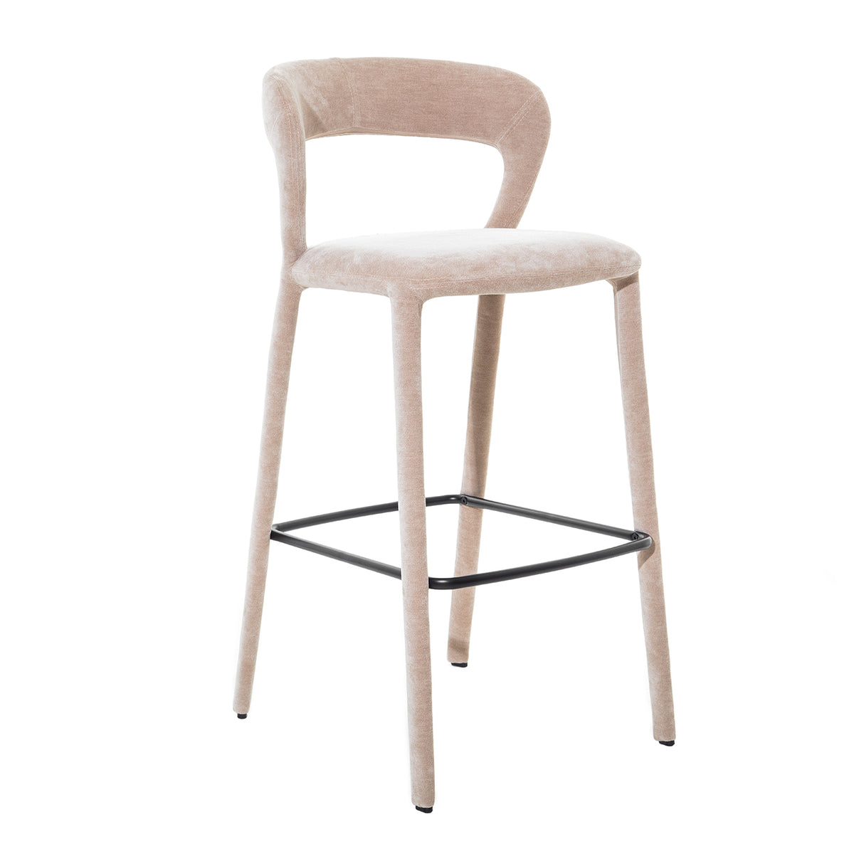 Opposite front angle of the taupe bar stool, showing the rounded seat front and tapered fabric-covered legs.