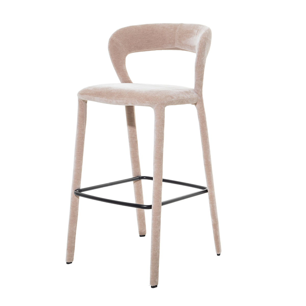 Taupe Arc bar stool in a front three-quarter view, showing its open crescent back, upholstered legs and black footrest.