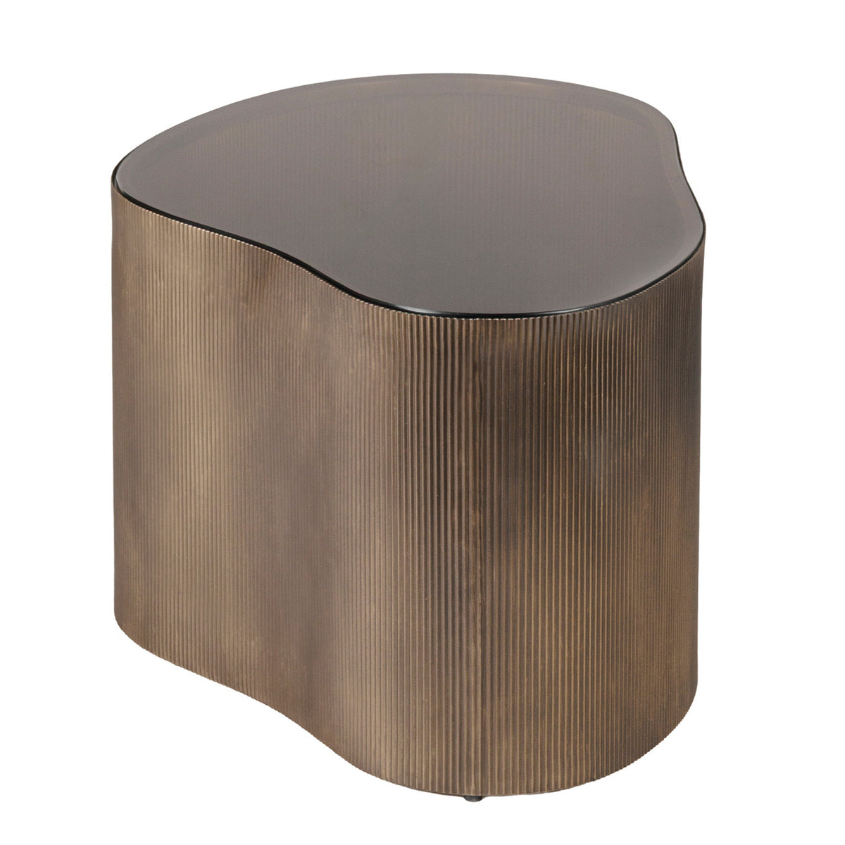 Smaller coffee table viewed from above at an angle, showing its rounded asymmetrical glass top and finely ribbed gold base.