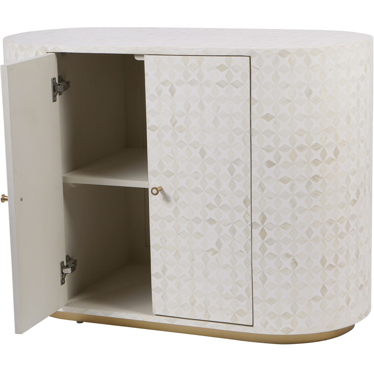 Arcadia cabinet with the left door open, showing a pale interior, two storage levels and concealed hinges.
