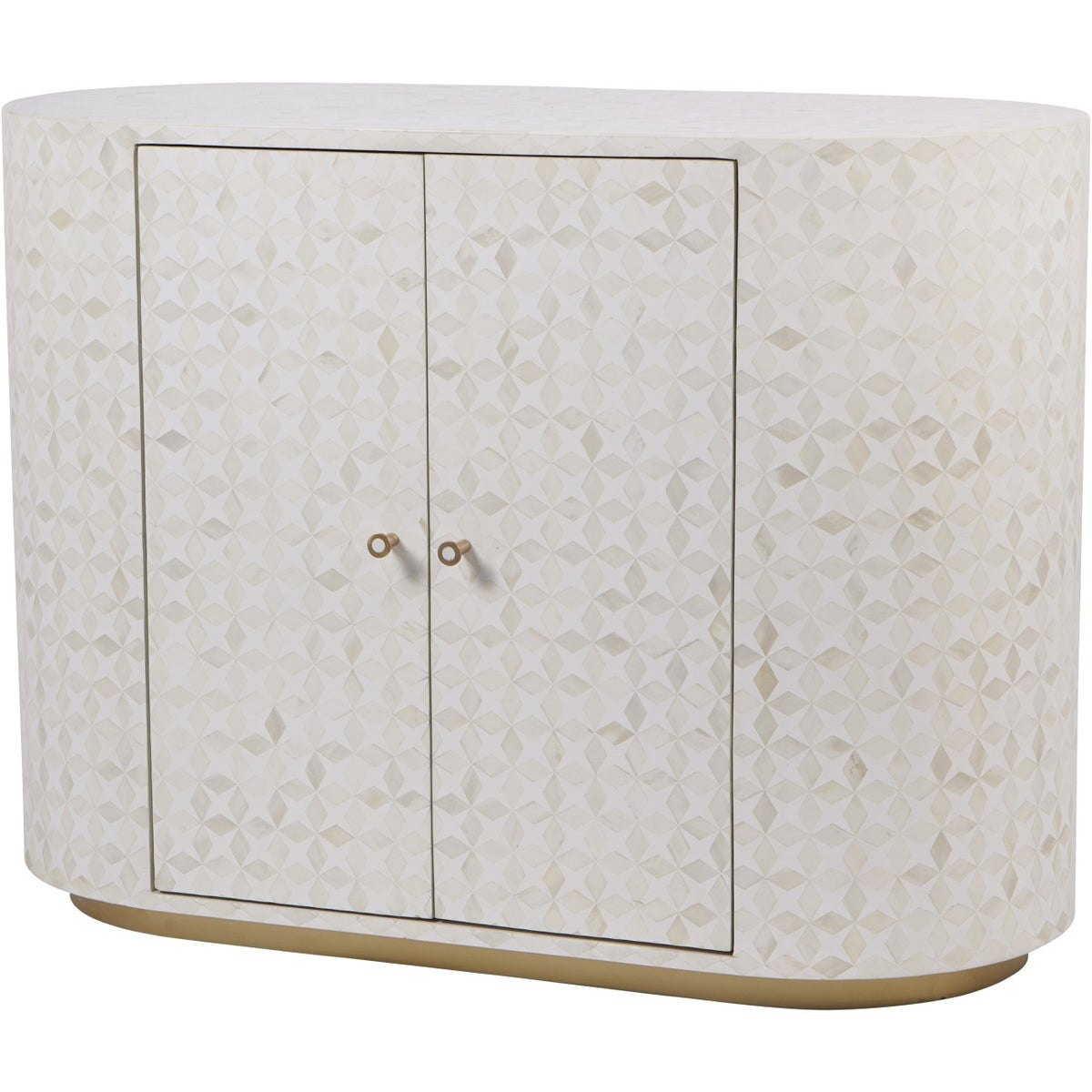 Angled view of the ivory and white Arcadia cabinet with diamond motifs, rounded ends, two closed doors and a brass-toned plinth.