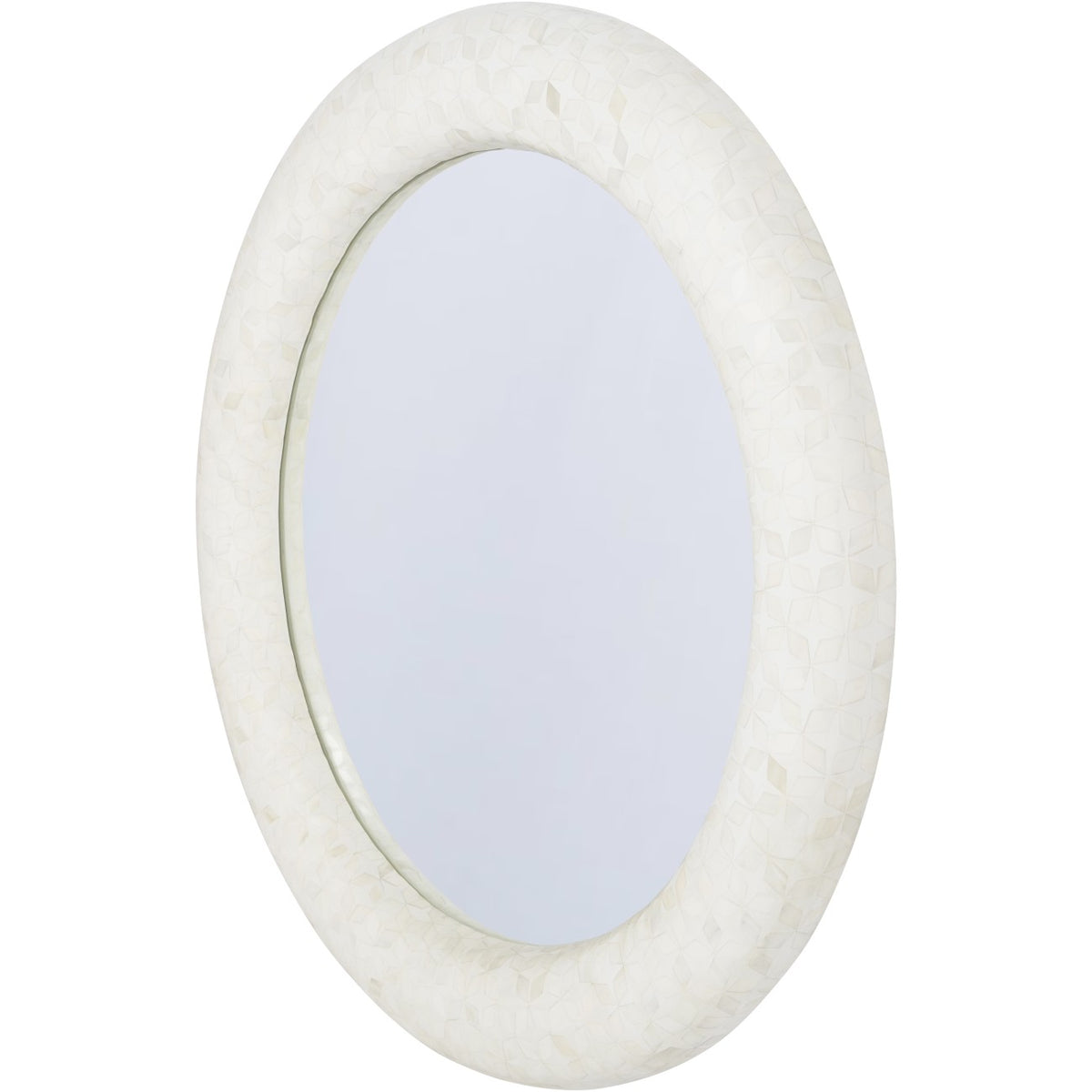 Angled view of the Arcadia mirror showing the rounded frame profile and inlay continuing around the inner edge.