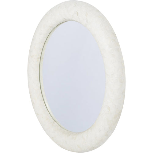 Angled view of the Arcadia mirror showing the rounded frame profile and inlay continuing around the inner edge.