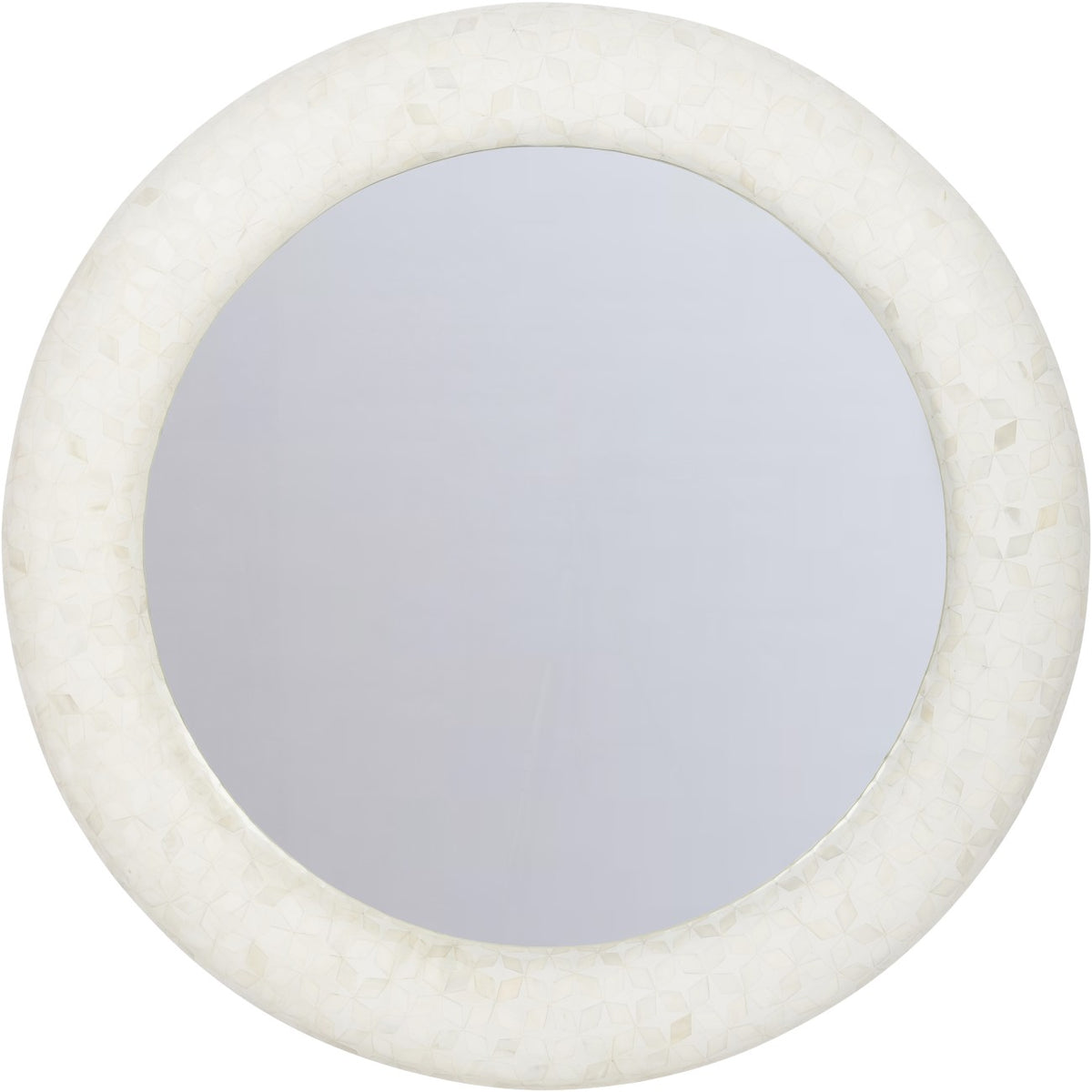 Front view of the Arcadia circular mirror with a broad ivory and white patterned bone inlay frame.