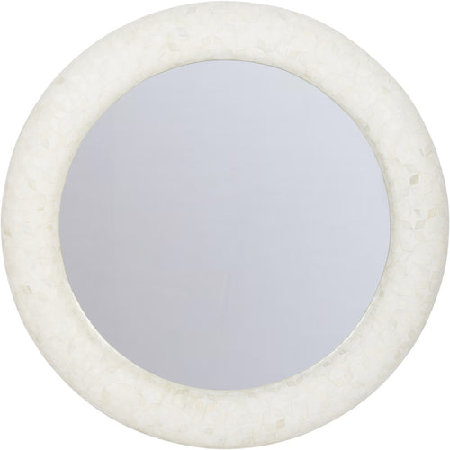 Front view of the Arcadia circular mirror with a broad ivory and white patterned bone inlay frame.