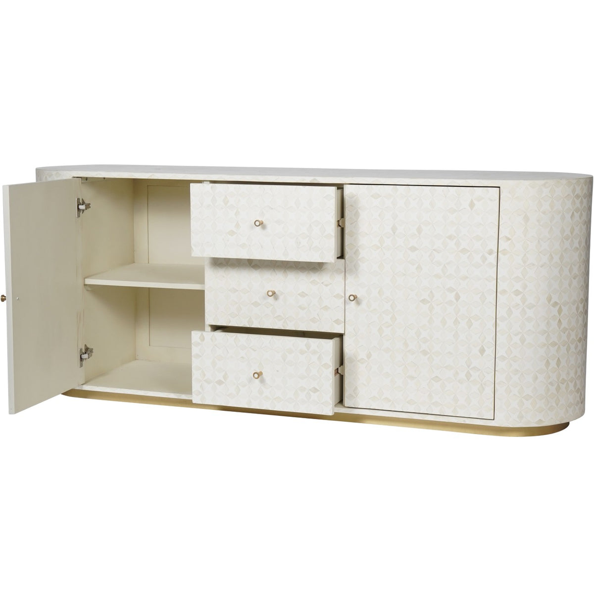 Arcadia Sideboard with the left cupboard open to show its shelf and central drawers partially pulled out.