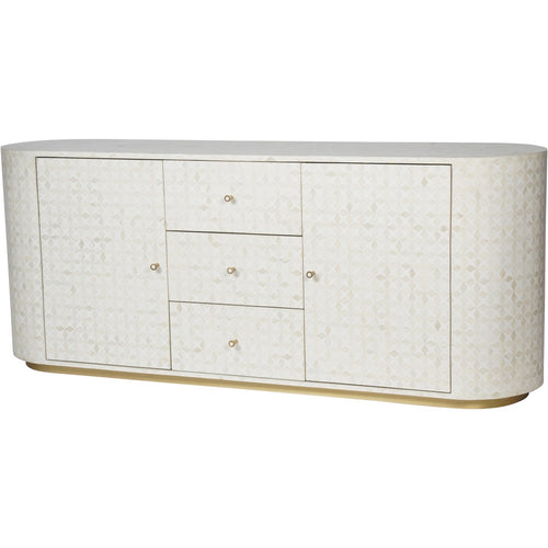 Angled view of the ivory and white Arcadia Sideboard with rounded ends, three central drawers and a slim brass-coloured plinth.