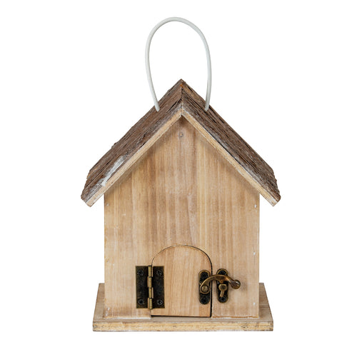 Rear view of the birdhouse showing the closed arched door with a hinge and aged-brass-tone latch beneath the pitched roof and pale loop.