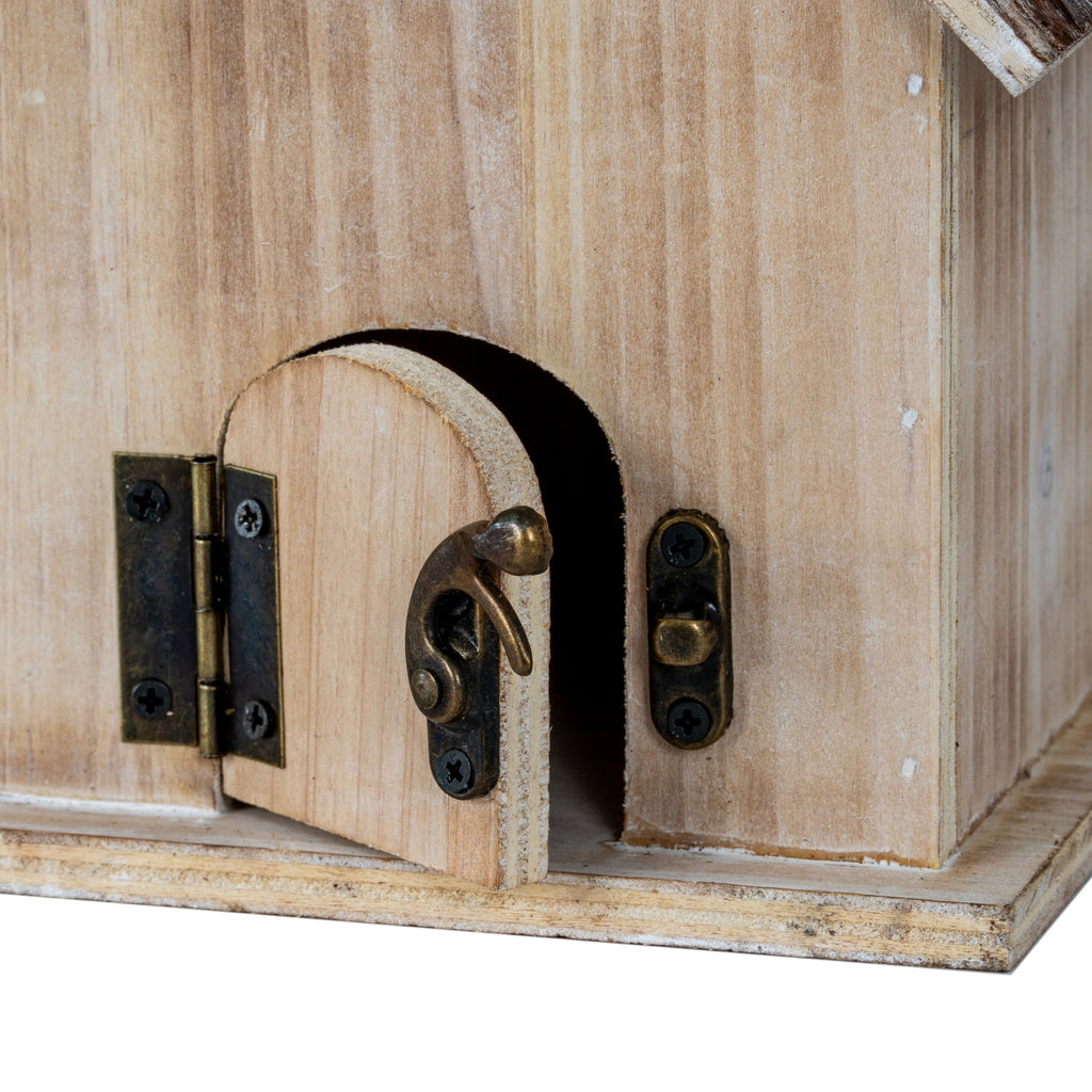Close-up of the arched rear door pictured partly open, showing the hinge, curved latch and screws against the pale wooden body.