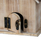 Close-up of the arched rear door pictured partly open, showing the hinge, curved latch and screws against the pale wooden body.