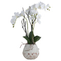 Full Arched Bloom artificial arrangement with arching white flowers, green leaves and dark stems in a pale mottled pot against white.
