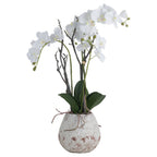 Full Arched Bloom artificial arrangement with arching white flowers, green leaves and dark stems in a pale mottled pot against white.