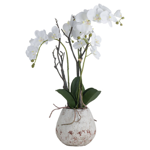 Full Arched Bloom artificial arrangement with arching white flowers, green leaves and dark stems in a pale mottled pot against white.