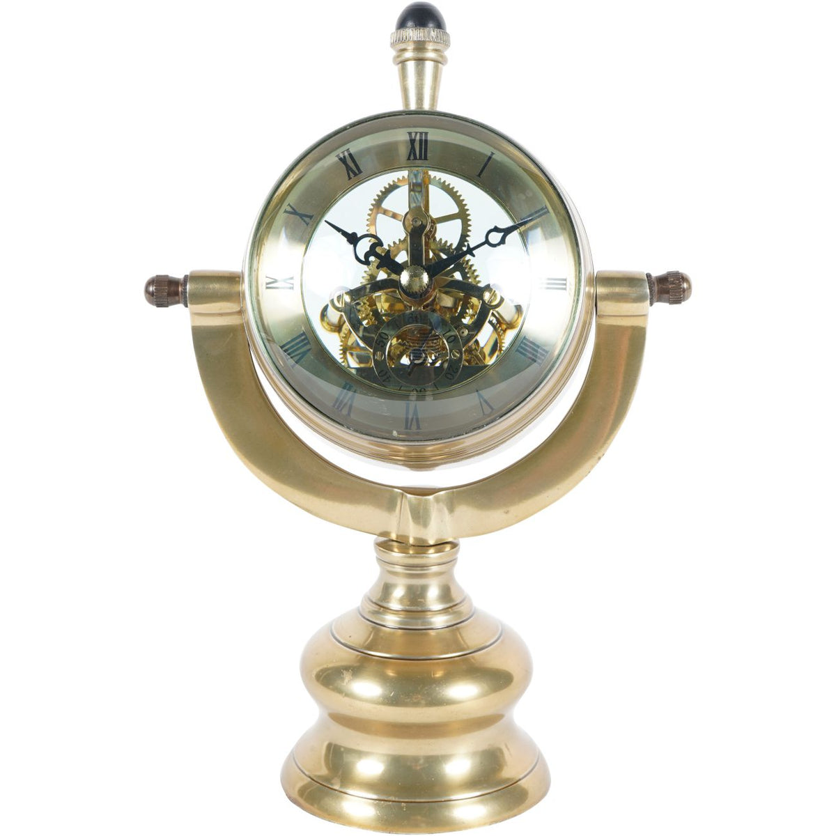 Front view of the brass-toned table clock with Roman numerals, visible cogs, a U-shaped support and stepped pedestal base.
