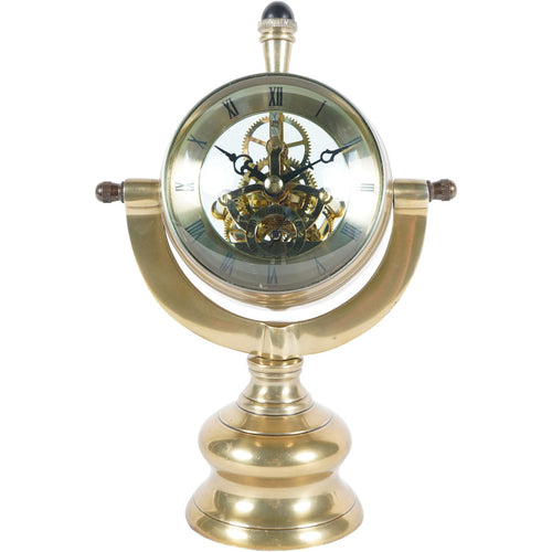 Front view of the brass-toned table clock with Roman numerals, visible cogs, a U-shaped support and stepped pedestal base.