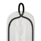 Close-up of the black oval loop and crossing curved frame at the rounded top of the clear cloche.