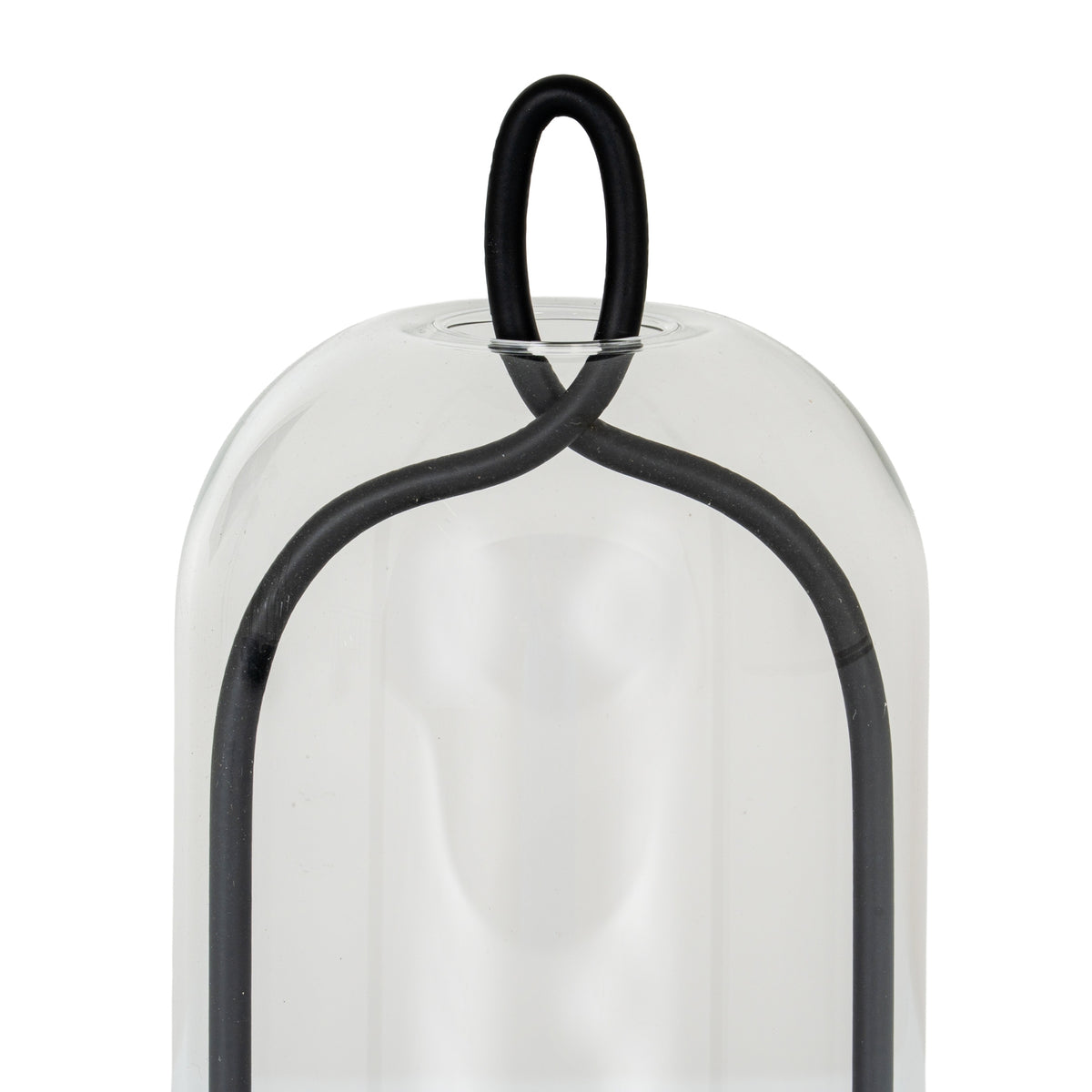 Close-up of the black oval loop and crossing curved frame at the rounded top of the clear cloche.