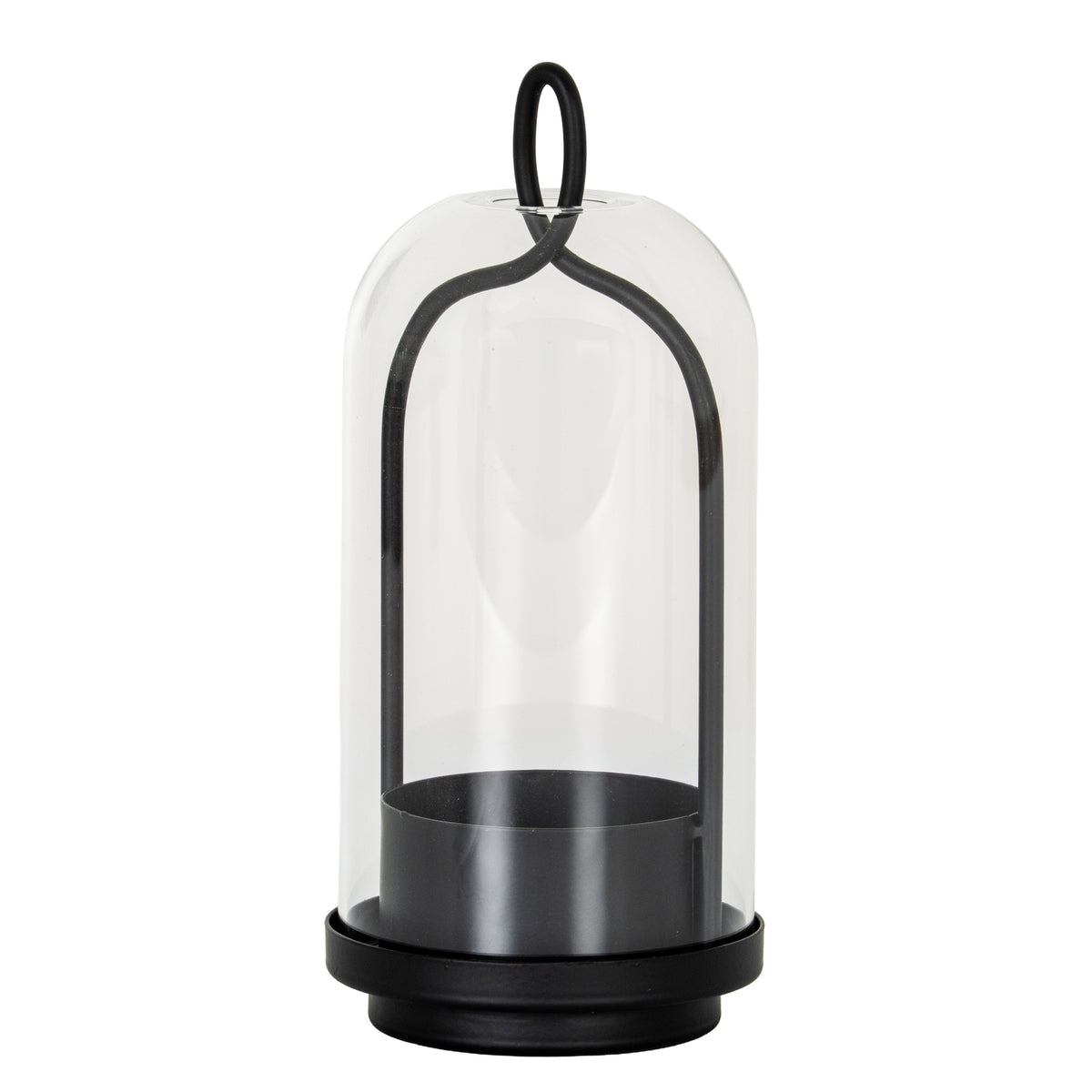 Archloop candle holder with a clear bell-shaped cloche, black arched frame, oval top loop and deep candle cup on a stepped round base.