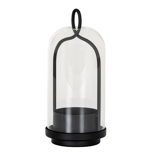 Archloop candle holder with a clear bell-shaped cloche, black arched frame, oval top loop and deep candle cup on a stepped round base.