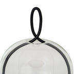 Close-up of the black oval loop crossing at the top of the clear cloche, with the curved side frame visible below.
