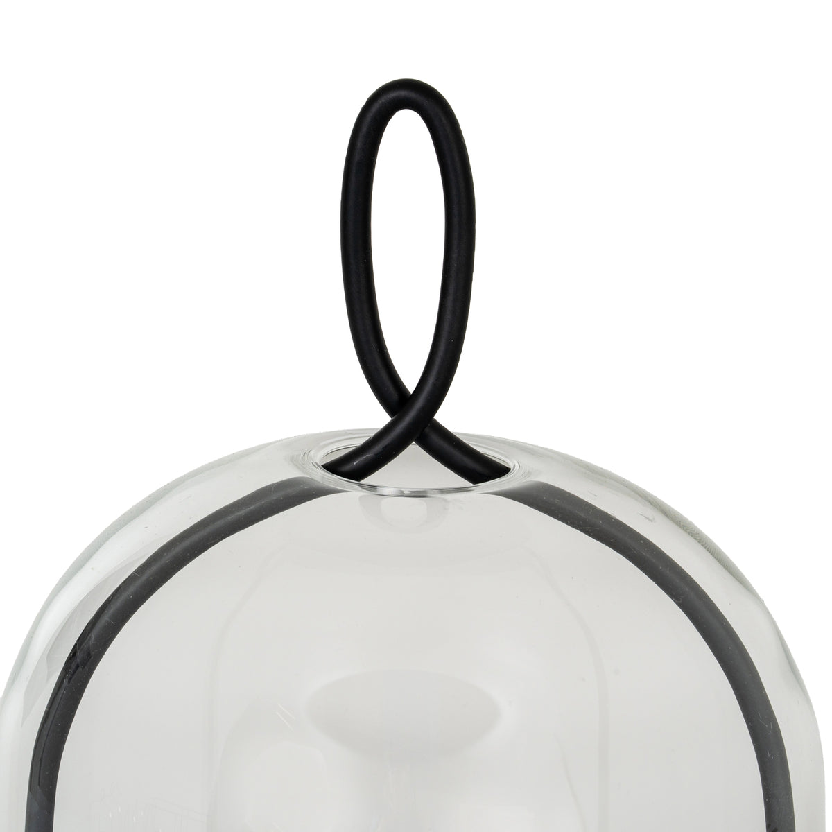 Close-up of the black oval loop crossing at the top of the clear cloche, with the curved side frame visible below.
