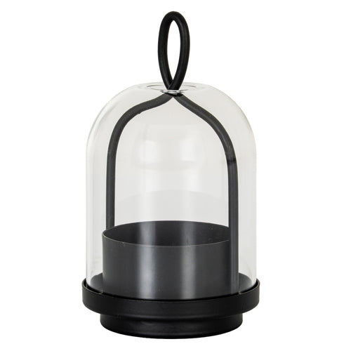 Black candle holder with a deep round cup, stepped base and arched frame beneath a clear bell-shaped cloche, topped by an oval loop.