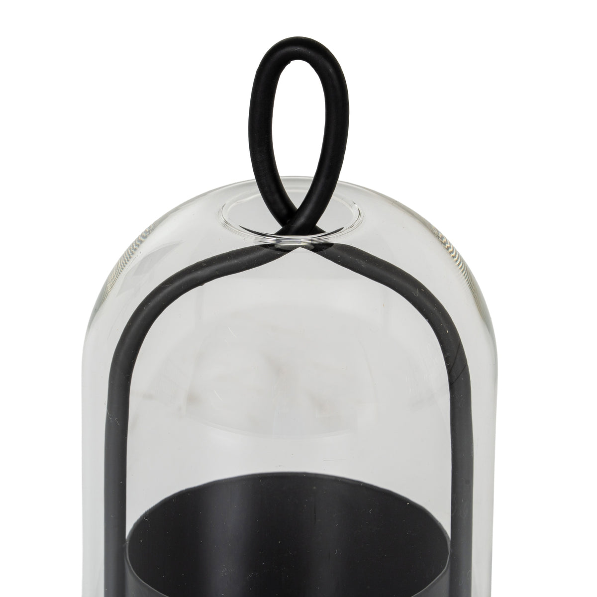 Close-up of the oval black loop above the rounded clear cloche, with the curved side frame and open candle cup visible below.