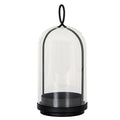 Full view of the black Archloop candle holder with a stepped round base, deep candle cup and arched frame beneath a clear bell-shaped cloche.